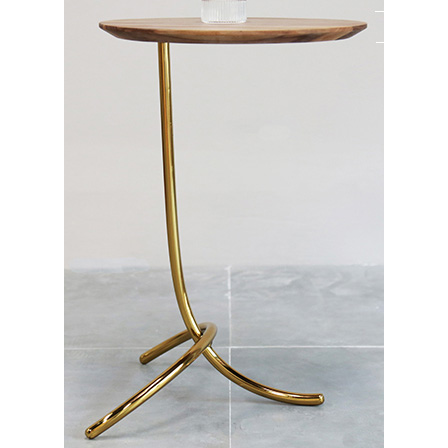 Round Shiny Gold Metal Side Table With Wood Top