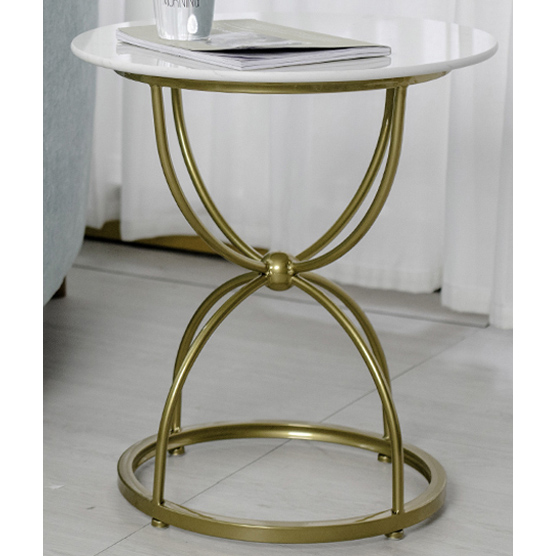 Round Shiny Gold Metal Side Table With Man-made Marble Top