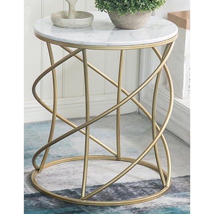 Round Shiny Gold Metal Side Table With Man-made Marble Top