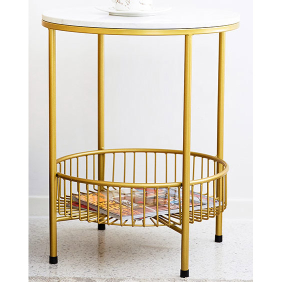 Shiny Gold Metal Side Table with man-made marble top