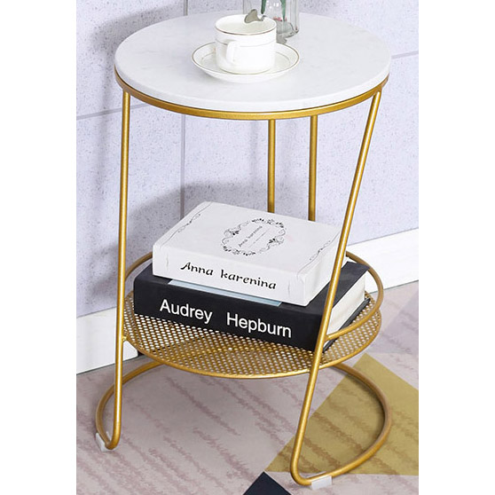 Shiny Gold 2 tiers Metal Side Table with man-made marble top