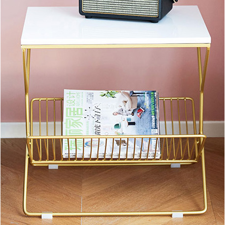 Shiny Gold Metal Side Table with wooden top and magazine rack