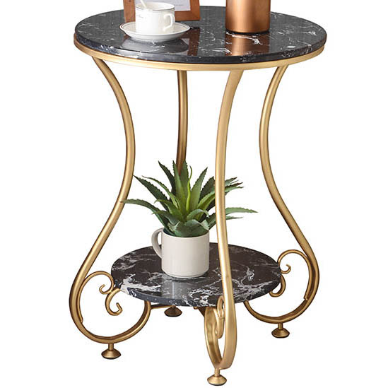 Shiny Gold 2 tiers Metal Side Table with man-made marble top 