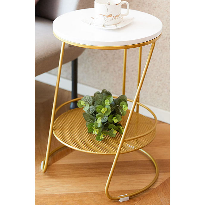 Shiny Gold 2 tiers Metal Side Table with man-made marble top