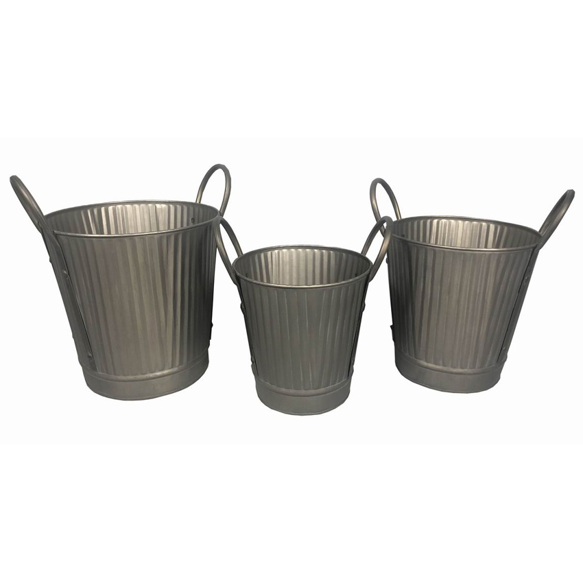 S/3 round galvanised planter with handle