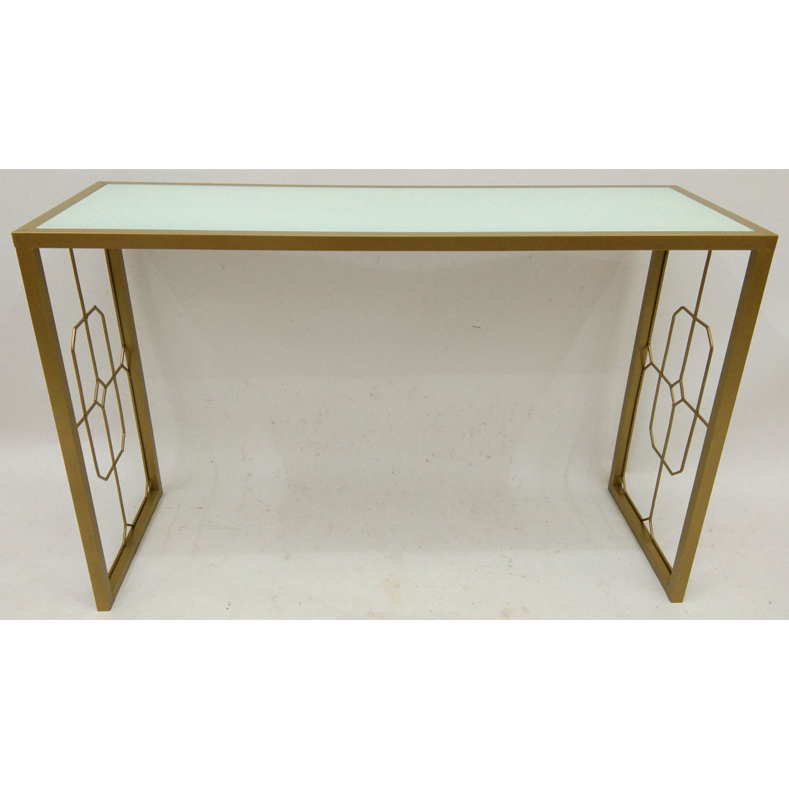 Shiny Gold Metal Console Table with white glass top
