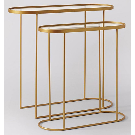 S/2 Nesting Shiny Gold Metal Console Table with clear glass top