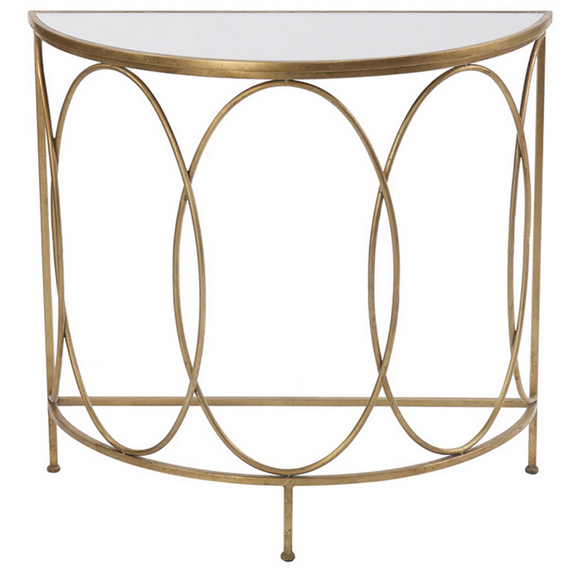 Shiny Gold Metal Semicircle Console Table with white glass top