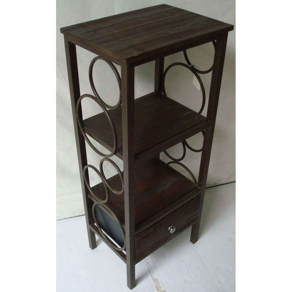 Metal cabinet rack with 1 wood drawer & 2 wood tiers and top and decorative circles side