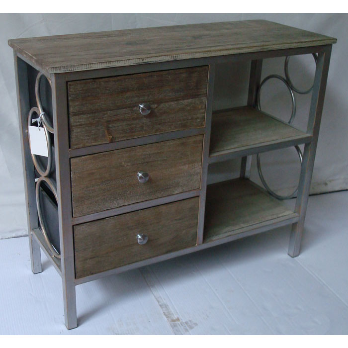Metal cabinet rack with 3 wood drawers & 2 wood tiers and top and decorative circles side