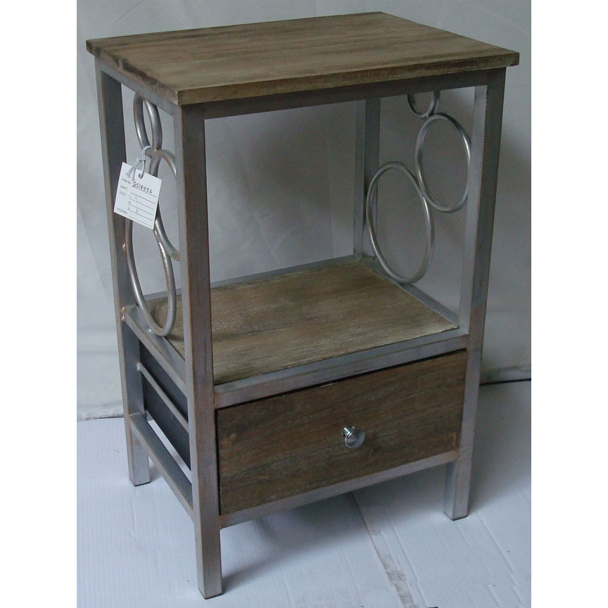Metal night stand with 1 wood drawers & 1 wood tier  and top and decorative circles side