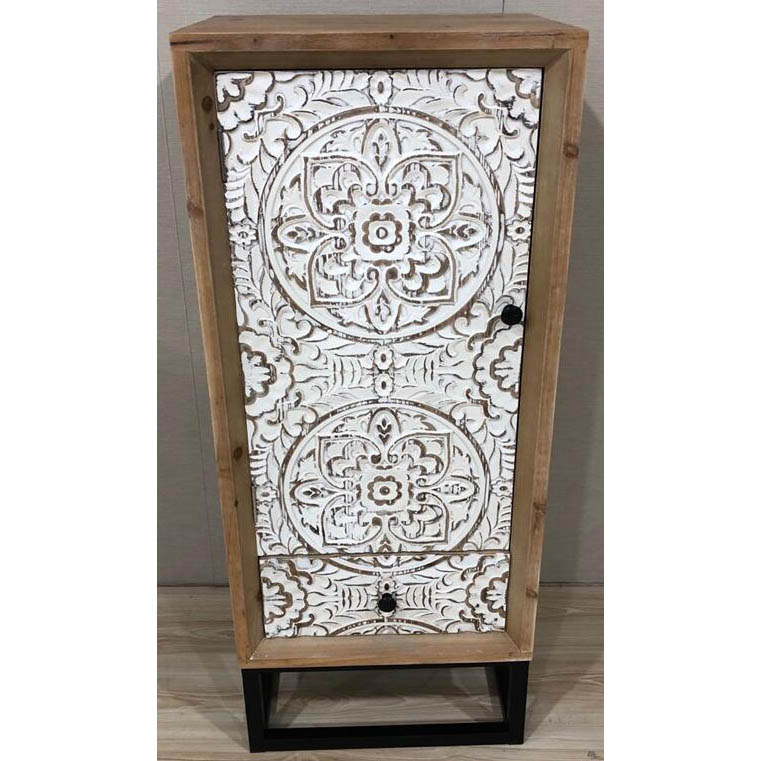 Sand wash wood cabinet with 1 white laser carving pattern door and 1drawer and metal base