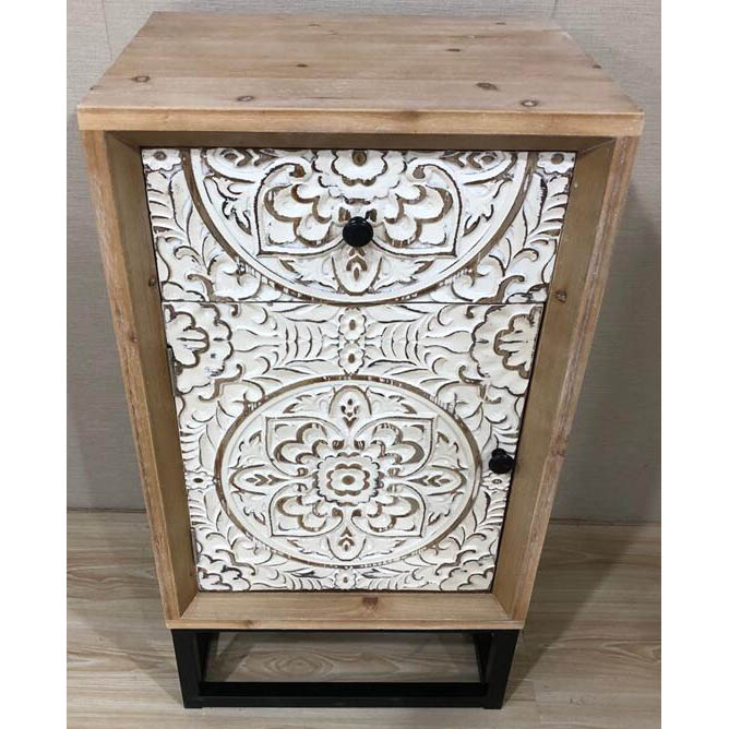 Sand wash wood cabinet with 1 white laser carving pattern door and 1drawer and metal base