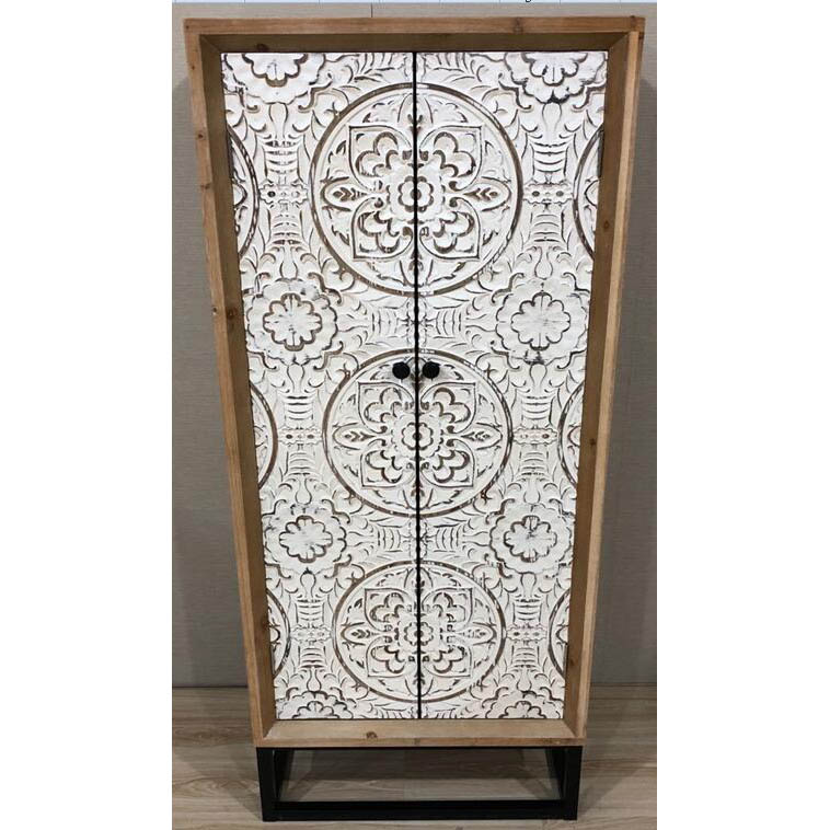 Sand wash wood cabinet with 2white laser carving pattern doors