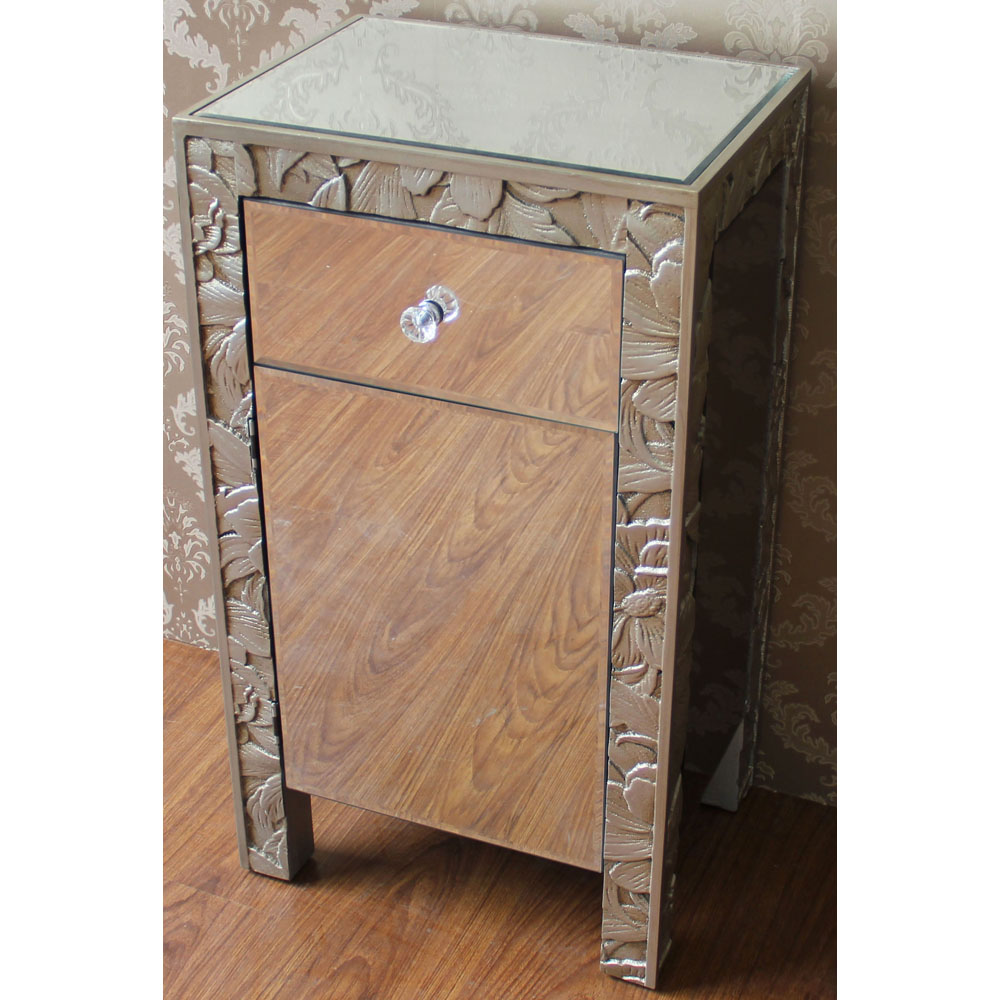 Champagne color wood cabinet with mirror drawer & 1 door