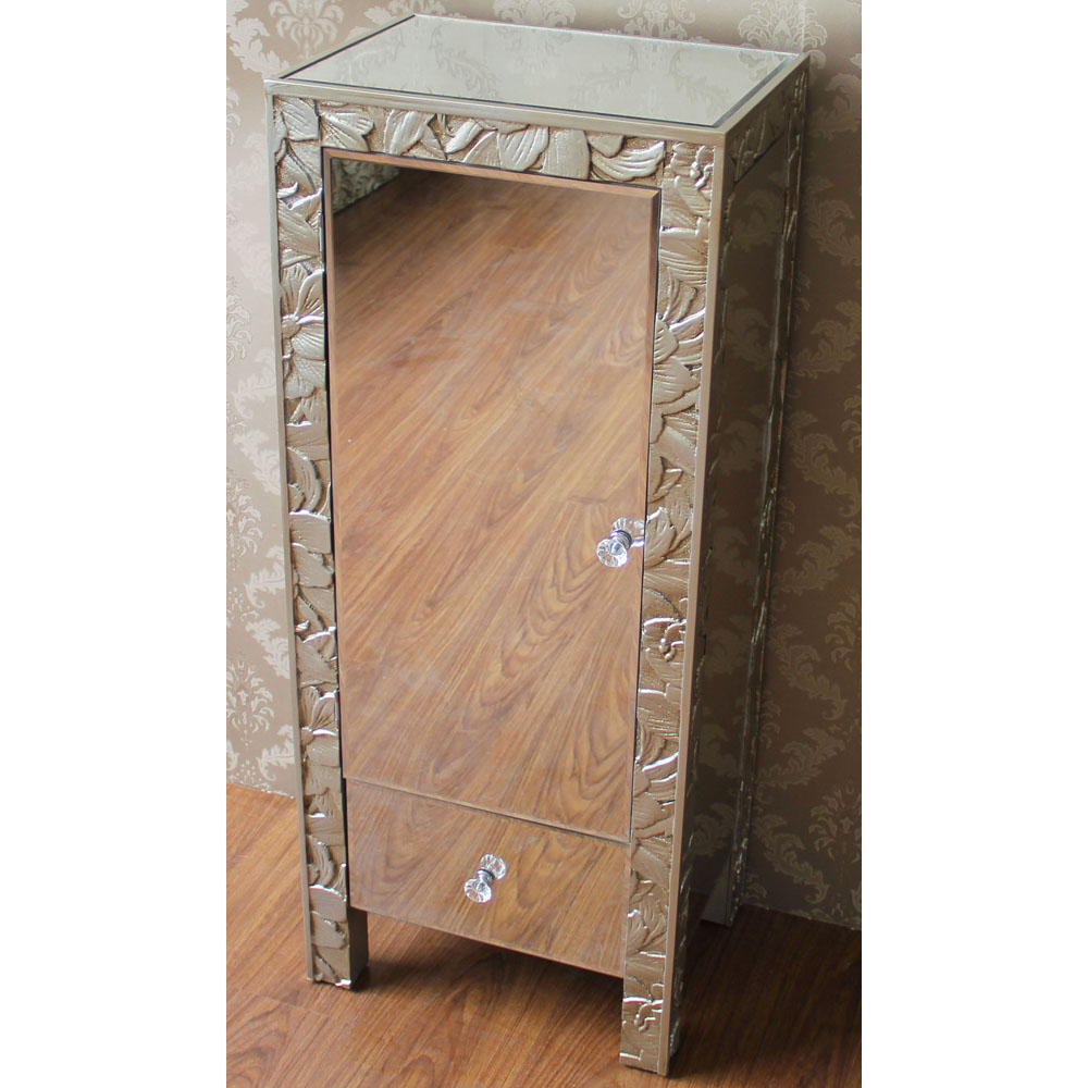 Champagne color wood cabinet with mirror drawer & 1 door