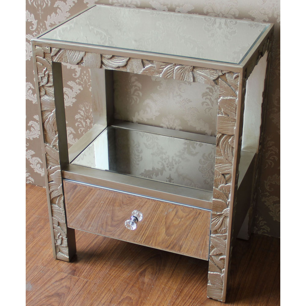 Champagne color wood mirror cabinet laser carving cabinet