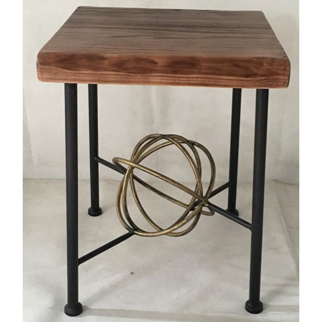 Square metal stool with natural look solid wood and globe decor