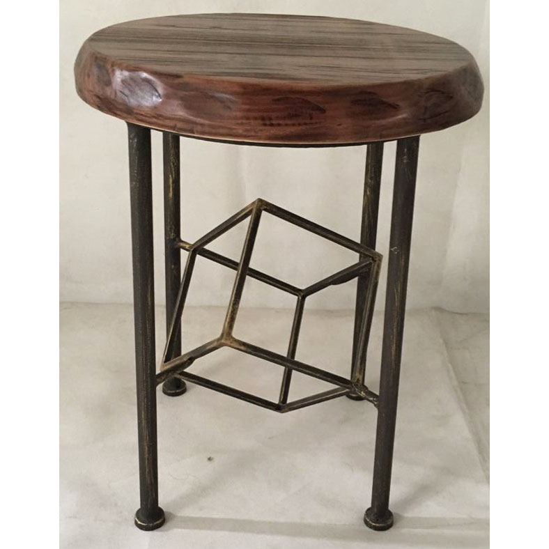 Round metal stool with natural look solid wood and geometric decor