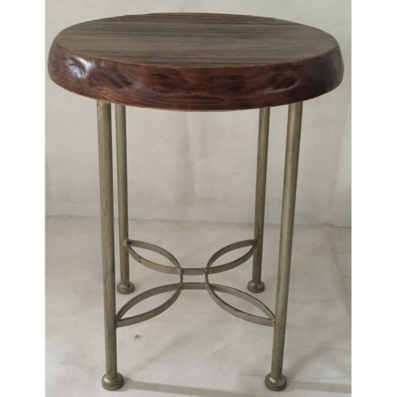 Round metal stool with natural look solid wood and metal X decor