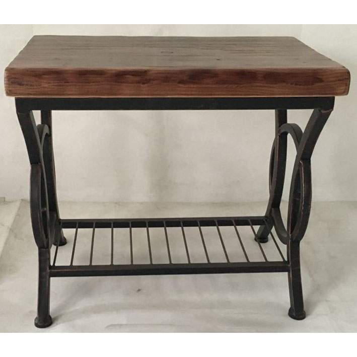 Rectangular stool with natural look solid wood and bar metal tier