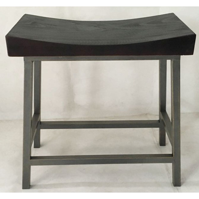 Rectangular stool with solid curved shaped wood seat and metal legs