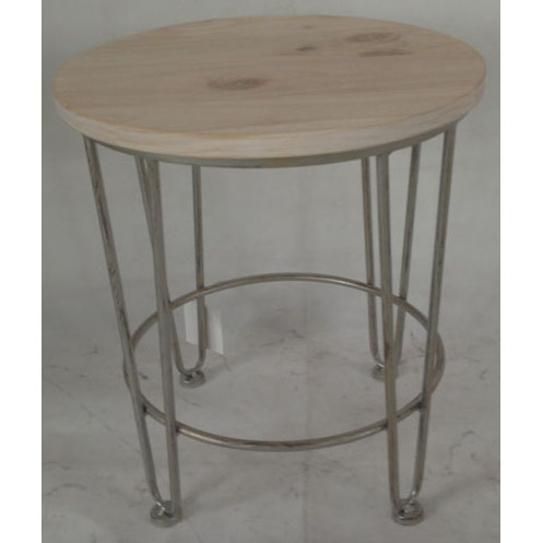 Round metal side table with natural wash solid wood top