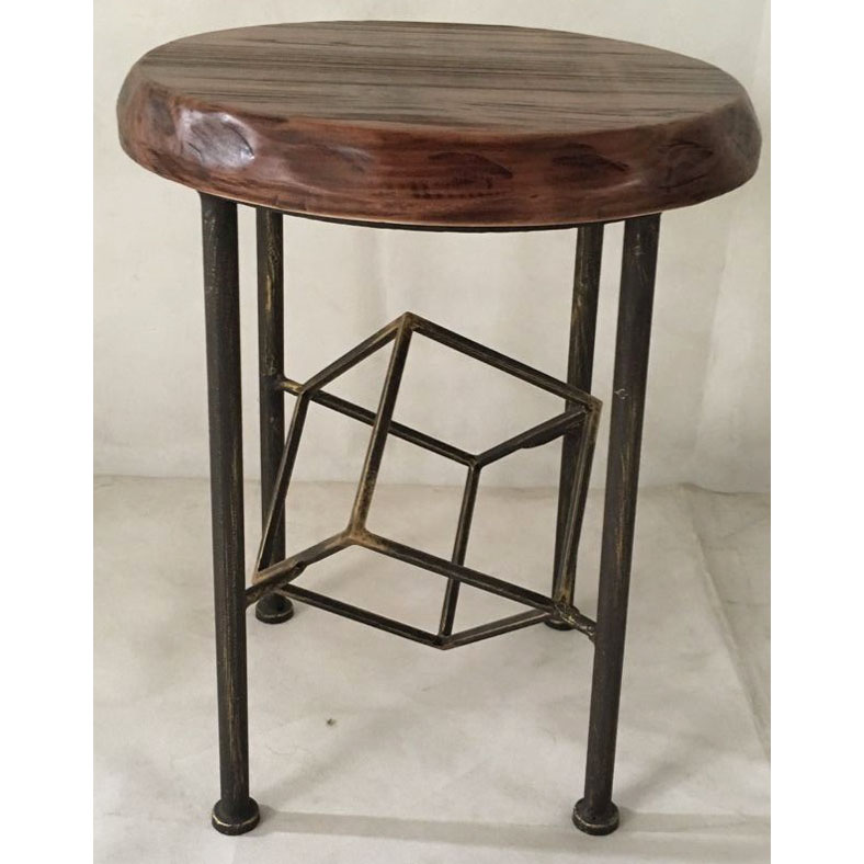 Round metal stool with natural look solid wood and geometric decor 