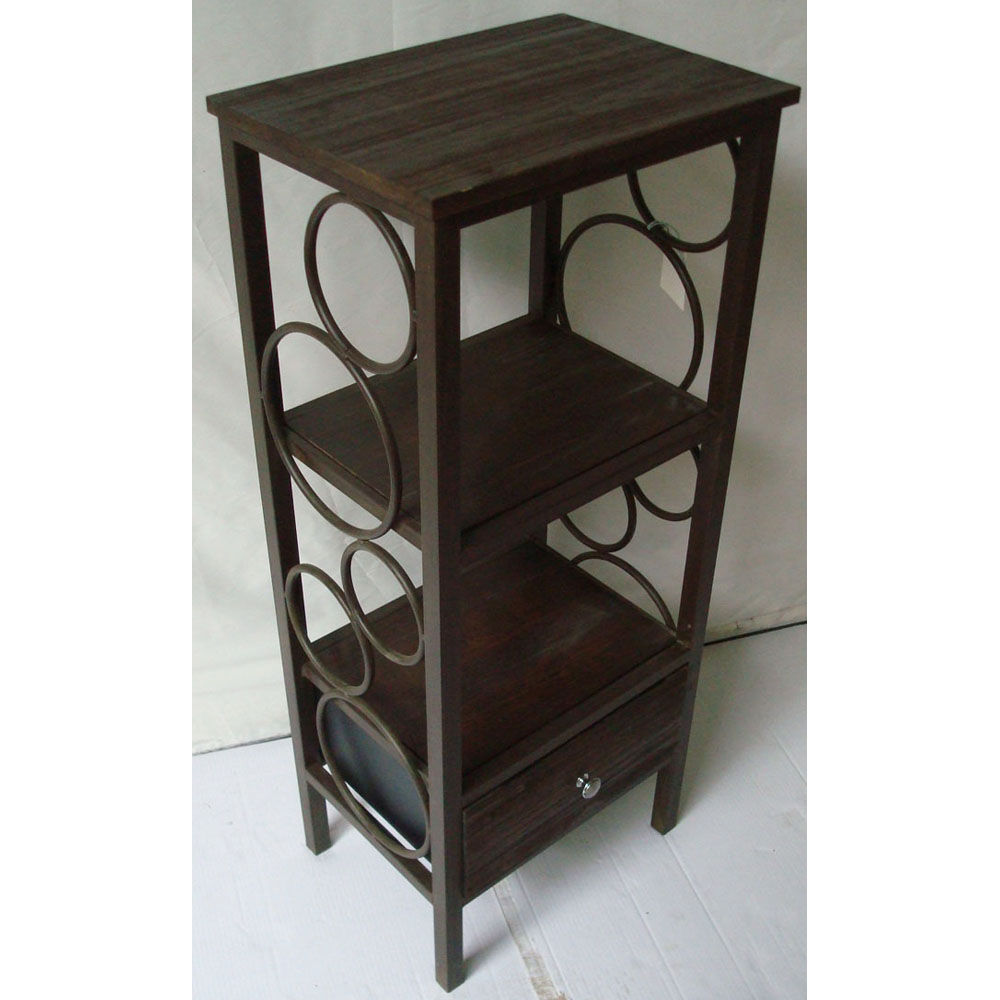 Metal cabinet rack with 1 wood drawer & 2 wood tiers and top and decorative circles side 