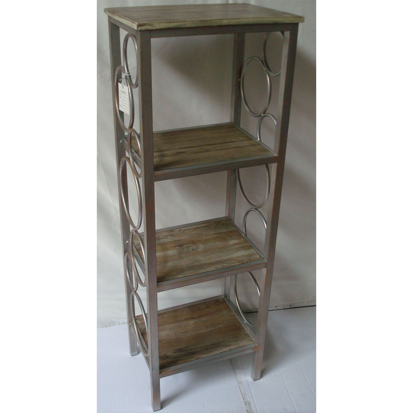 Metal rack with 3 sand wash wood tiers and top and decorative circles side