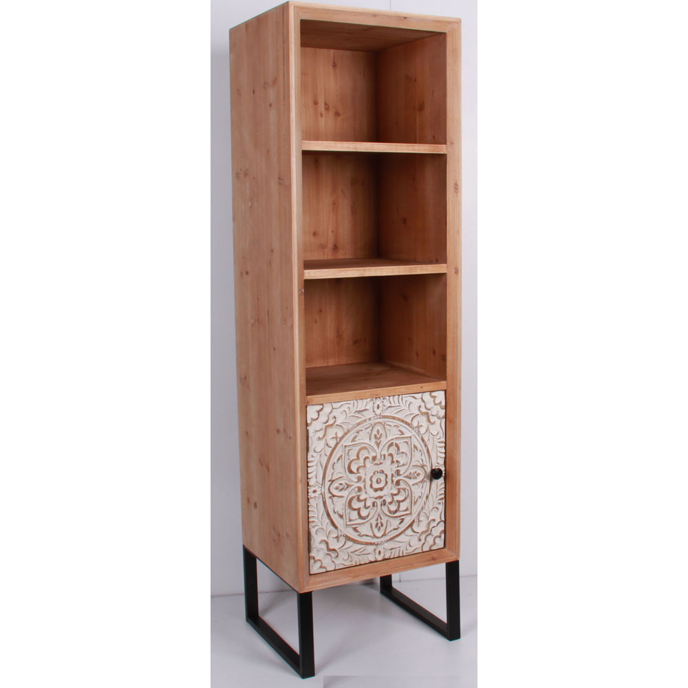 Natural wood cabinet with 1 sand wash laser carving pattern door & metal stand
