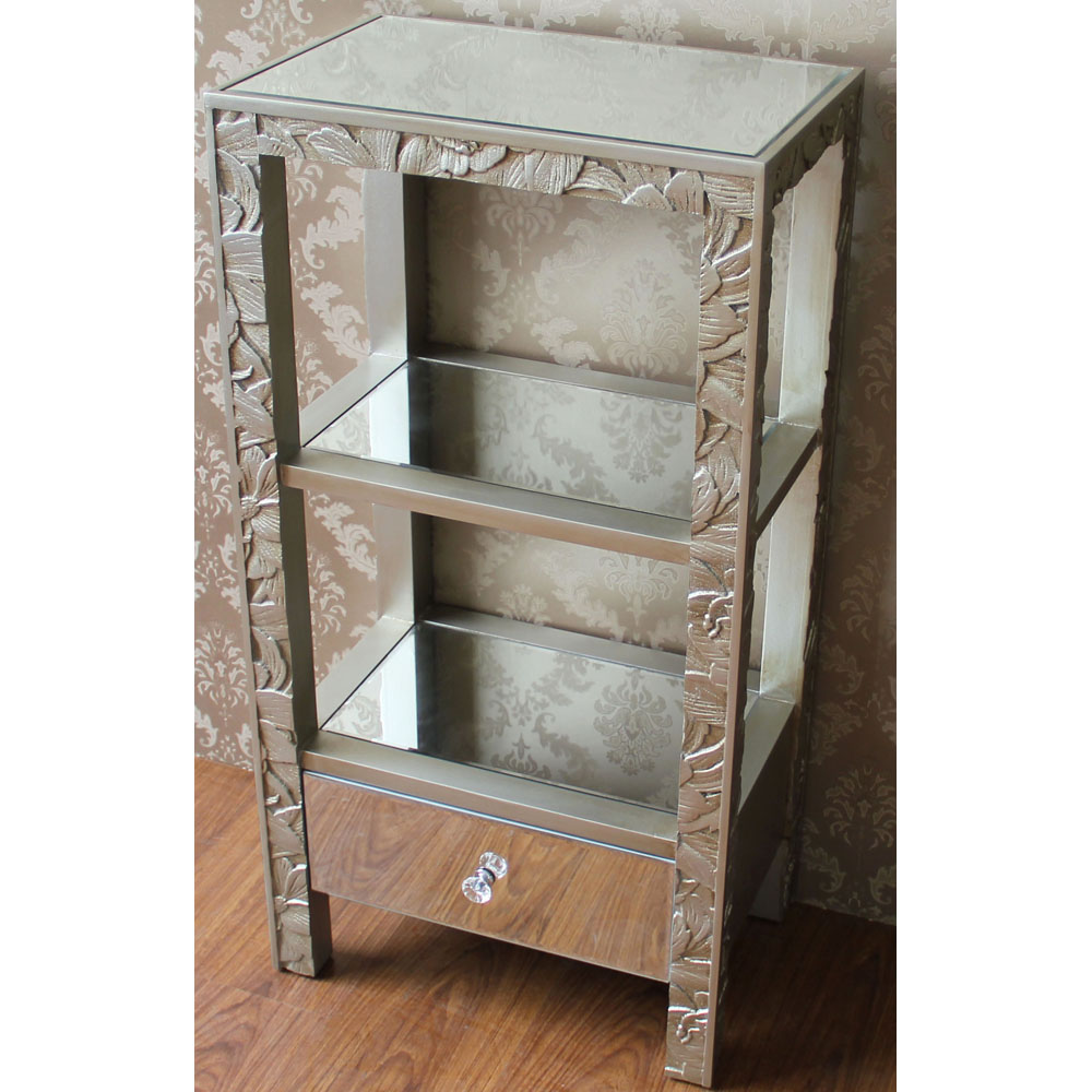 Champagne color wood cabinet with 1 mirror drawer & 2 layers and top