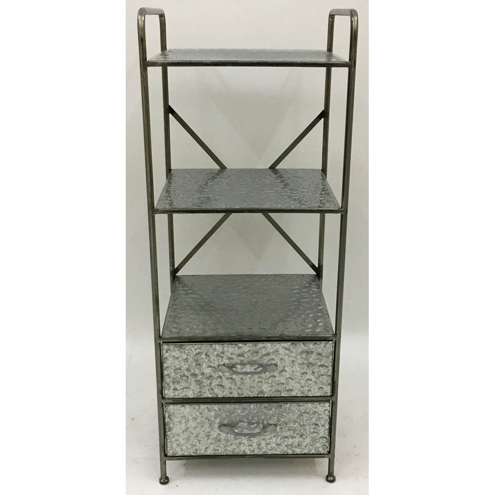 3 tiers galvanized metal cabinet rack with 2 drawers & X decor at back