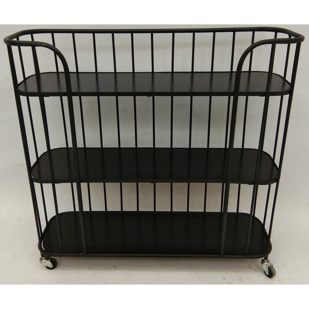 Metal storage rack with 3 wood tiers and wheels