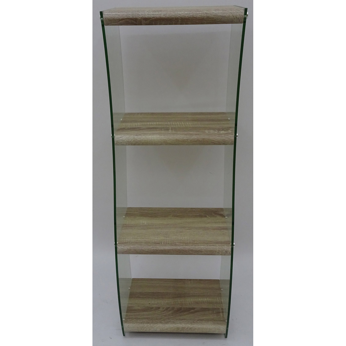 Contemporary curved glass book shelf with wood veneer tiers