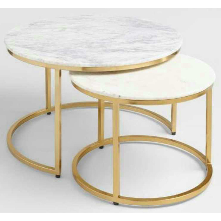 S/2 round gold  metal coffee table with white  marble top