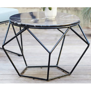 Black hexagonal metal coffee table with round black marble top