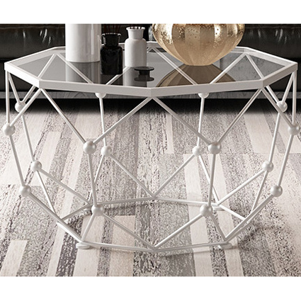Silver octagonal metal coffee table with clear glass top & benzene side decor