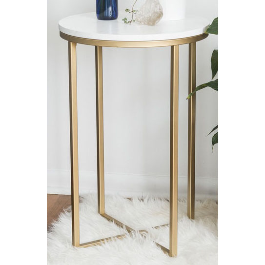 Gold round metal side table with white marble top