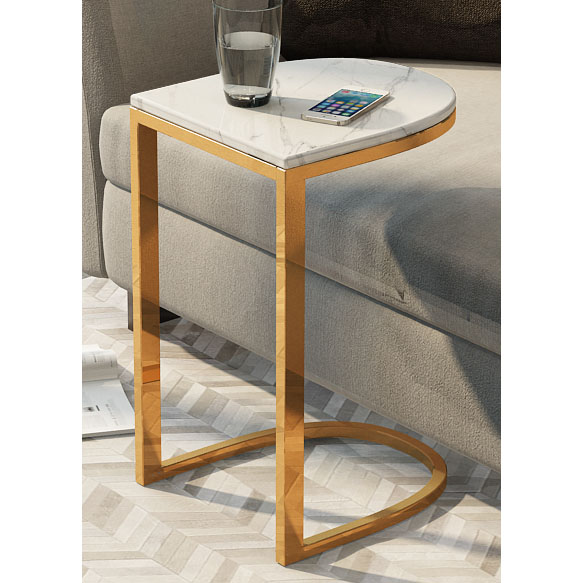 Gold round metal C side table with white marble top