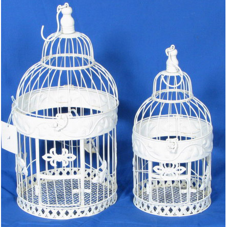 S/2 white round metal birdcage with leaves decor 