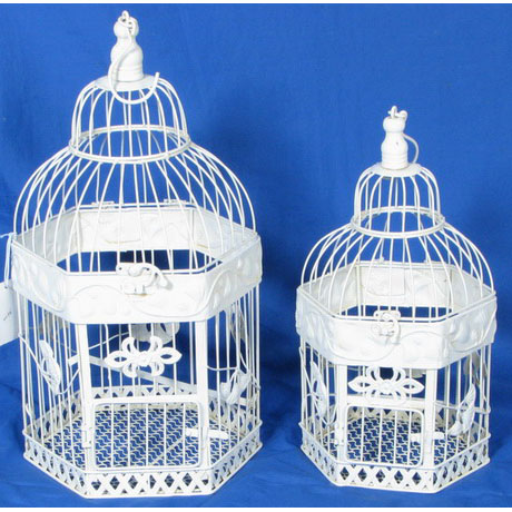 S/2 white hexagon metal birdcage with  leaves decor 