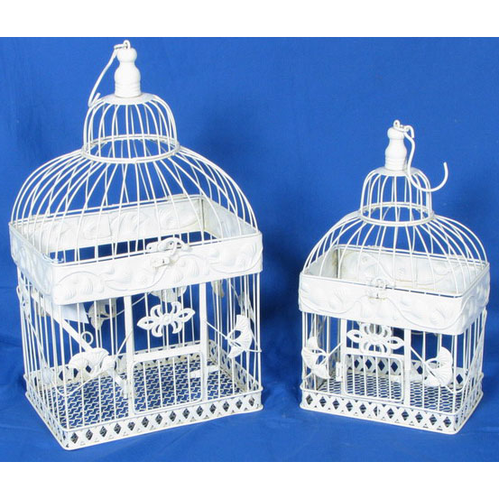 S/2 white rectangular metal birdcage with  leaves decor 