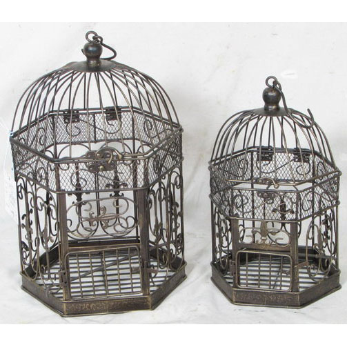 S/2 rusty gold hexagon metal birdcage with  wire decor 