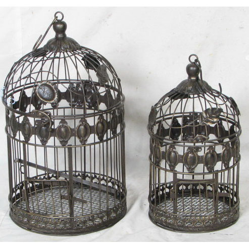 S/2 rusty gold round metal birdcage with leaves decor 