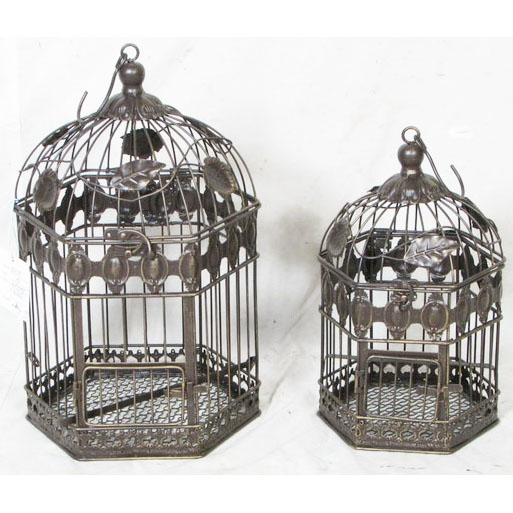 S/2 rusty gold hexagon metal birdcage with  leaves decor