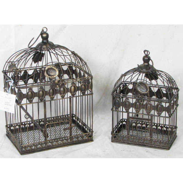 S/2 rusty gold rectangular metal birdcage with leaves decor 