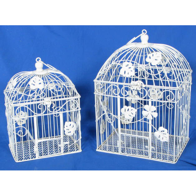 S/2 white rectangular metal birdcage with leaves decor 