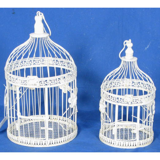 S/2 white round metal birdcage with flowers decor 