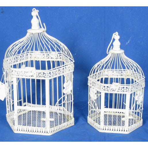 S/2 white hexagon metal birdcage with flowers decor